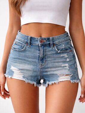 American Eagle Outfitters Distressed Light Blue High-Rise Jean Shorts